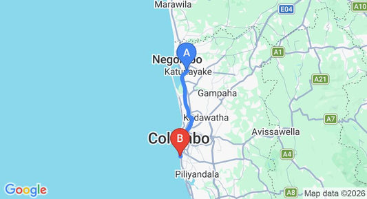 Driving route map: Colombo Airport (CMB) to Fairview Hotel, Wellawatte (40 km, approx 1 h 0 min private transfer)