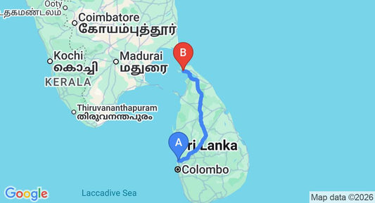 Driving route map: Colombo Airport (CMB) to Subash Hotel, Jaffna (373 km, approx 7 h 18 min private transfer)