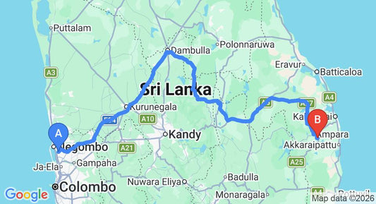 Driving route map: Colombo Airport (CMB) to Gal Oya (329 km, approx 6 h 36 min private transfer)