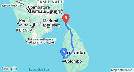 Driving route map: Colombo Airport (CMB) to Kankesanturai (388 km, approx 7 h 40 min private transfer)