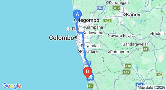 Driving route map: Colombo Airport (CMB) to Kadolana Eco Village, Balapitiya (131 km, approx 2 h 1 min private transfer)