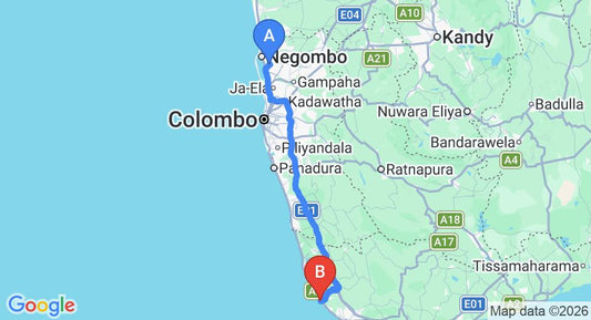 Driving route map: Colombo Airport (CMB) to Roman Beach, Hikkaduwa (143 km, approx 2 h 7 min private transfer)