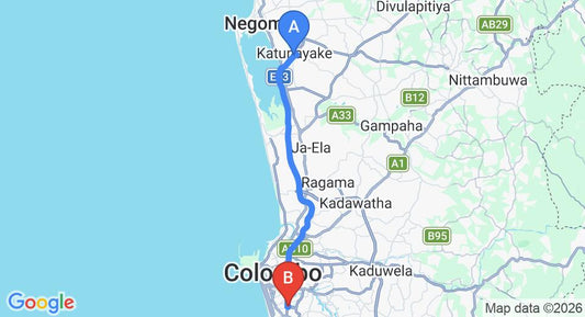 Driving route map: Colombo Airport (CMB) to Sansu Hotel, Colombo (35 km, approx 49 min private transfer)