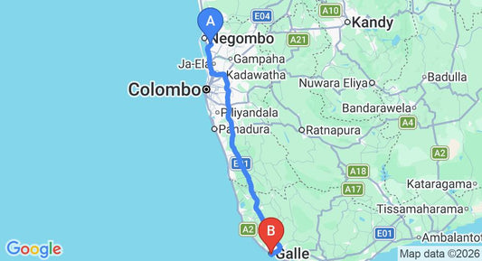 Driving route map: Colombo Airport (CMB) to Amangalla, Galle (153 km, approx 2 h 12 min private transfer)