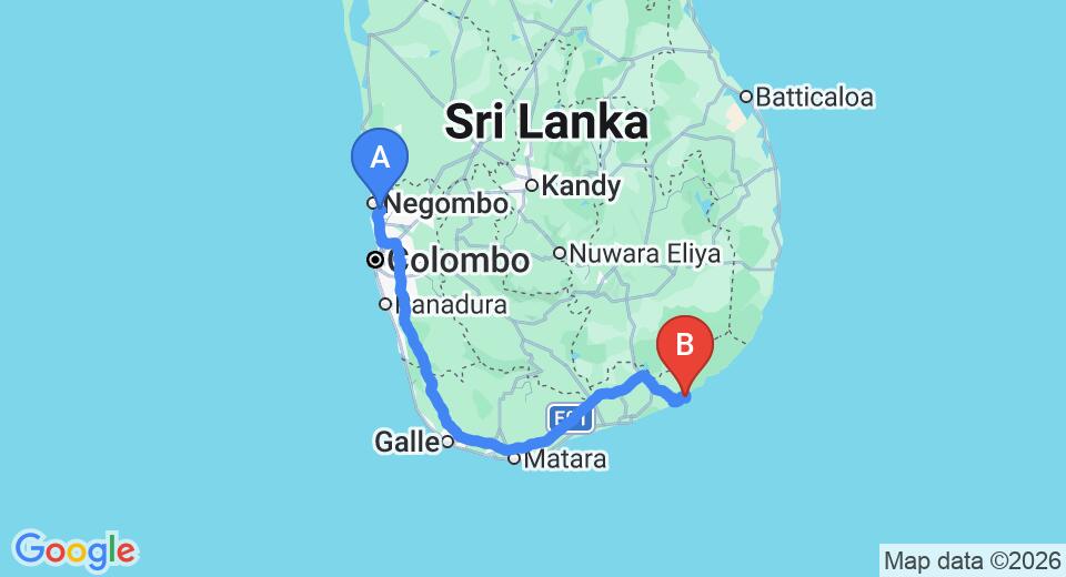 Driving route map: Colombo Airport (CMB) to Laya Safari, Yala (299 km, approx 4 h 16 min private transfer)