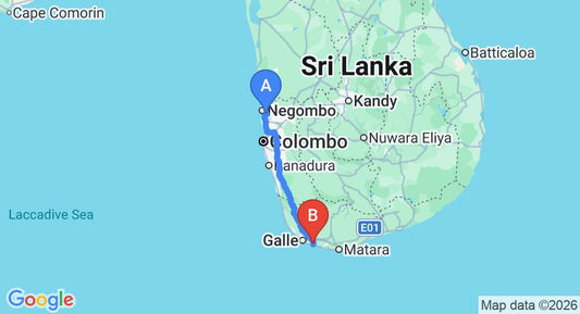 Driving route map: Colombo Airport (CMB) to Bungalow Sud, Habaraduwa (158 km, approx 2 h 20 min private transfer)