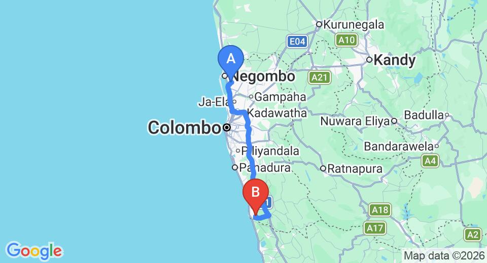 Driving route map: Colombo Airport (CMB) to Villa SriPali, Bentota (105 km, approx 1 h 35 min private transfer)