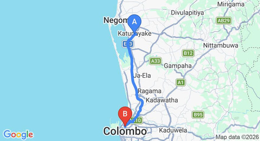 Driving route map: Colombo Airport (CMB) to Colombo 12 (32 km, approx 40 min private transfer)