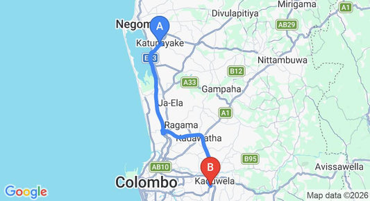 Driving route map: Colombo Airport (CMB) to Saman Villa - Luxury House, Colombo (40 km, approx 44 min private transfer)