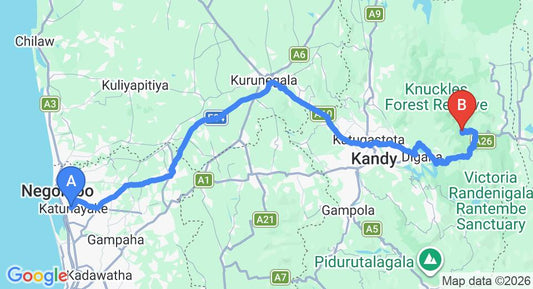 Driving route map: Colombo Airport (CMB) to Corbets View, Kandy (167 km, approx 4 h 32 min private transfer)