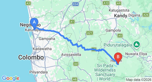 Driving route map: Colombo Airport (CMB) to Mandira Craig Appin Bungalow, Hatton (120 km, approx 3 h 47 min private transfer)