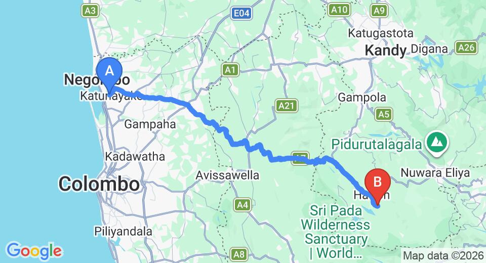 Driving route map: Colombo Airport (CMB) to Mandira Dickoya Holiday Bungalow, Hatton (120 km, approx 3 h 47 min private transfer)