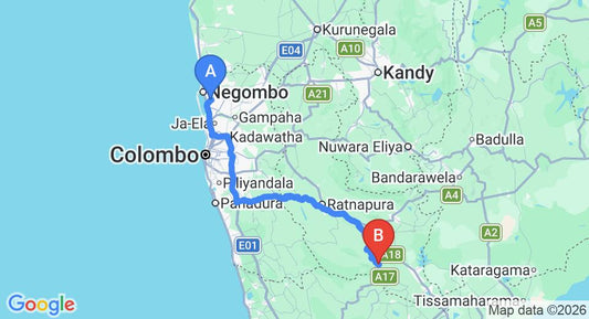 Driving route map: Colombo Airport (CMB) to Aigburth Manor, Ratnapura (183 km, approx 4 h 21 min private transfer)