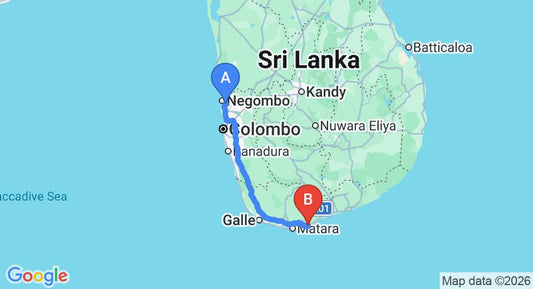 Driving route map: Colombo Airport (CMB) to Villa Dikwella, Dikwella (200 km, approx 2 h 51 min private transfer)