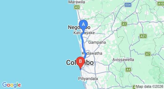 Driving route map: Colombo Airport (CMB) to Colombo 6 (38 km, approx 55 min private transfer)