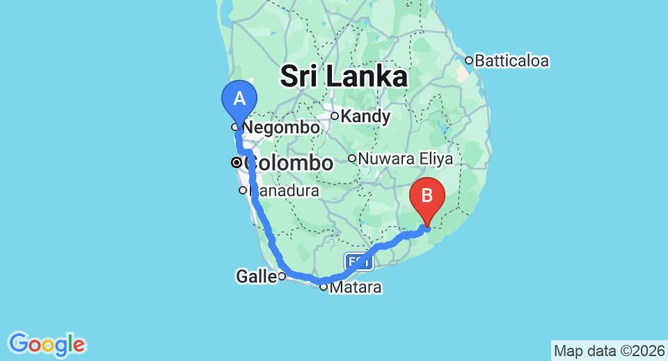 Driving route map: Colombo Airport (CMB) to Pelican View Cottages, Kataragama (289 km, approx 3 h 52 min private transfer)