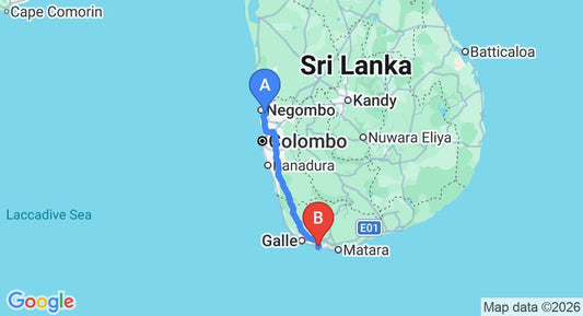 Driving route map: Colombo Airport (CMB) to Le leopard d 'argent, Ahangama (165 km, approx 2 h 21 min private transfer)