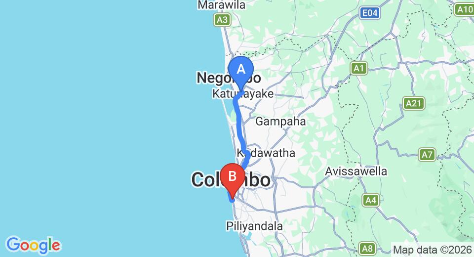 Driving route map: Colombo Airport (CMB) to Nene, Wellawatte (39 km, approx 58 min private transfer)