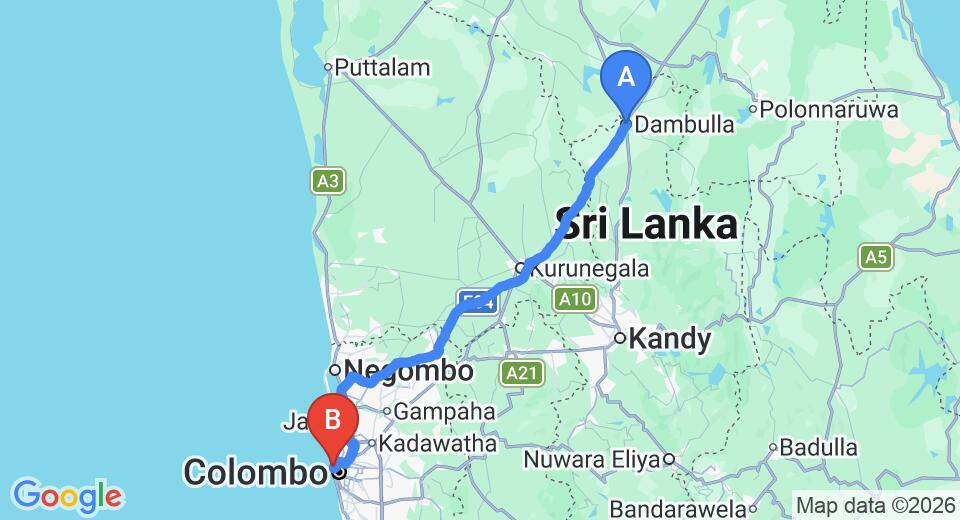 Driving route map: Dambulla to Colombo Seaport (162 km, approx 3 h 19 min private transfer)