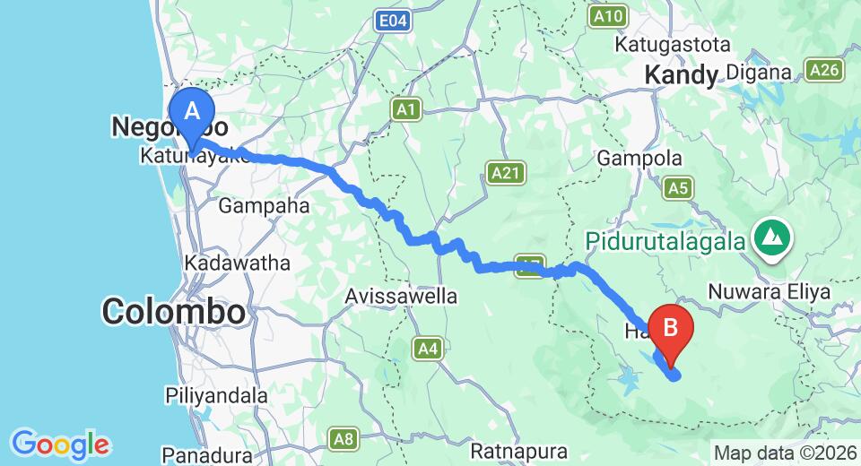 Driving route map: Colombo Airport (CMB) to Royal Majesty Bungalow, Hatton (130 km, approx 4 h 11 min private transfer)