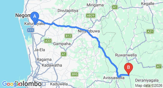 Driving route map: Colombo Airport (CMB) to The Talduwa Manor Dehiowita, Avissawella (60 km, approx 1 h 43 min private transfer)