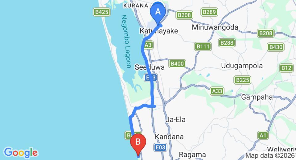 Driving route map: Colombo Airport (CMB) to Uswetakeiyawa Beach Bungalow, Wattala (21 km, approx 32 min private transfer)