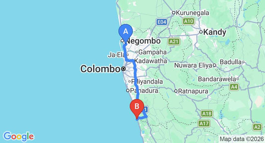 Driving route map: Colombo Airport (CMB) to Cinnamon Bentota Beach, Bentota (107 km, approx 1 h 39 min private transfer)