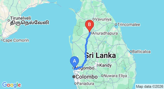 Driving route map: Colombo Airport (CMB) to Merit Hotel, Anuradhapura (173 km, approx 3 h 44 min private transfer)