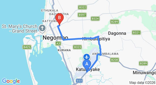Driving route map: Colombo Airport (CMB) to Avenra Garden Hotel, Negombo (11 km, approx 25 min private transfer)