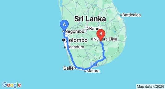 Driving route map: Colombo Airport (CMB) to Yoho Little Rose Inn, Ella (335 km, approx 4 h 56 min private transfer)