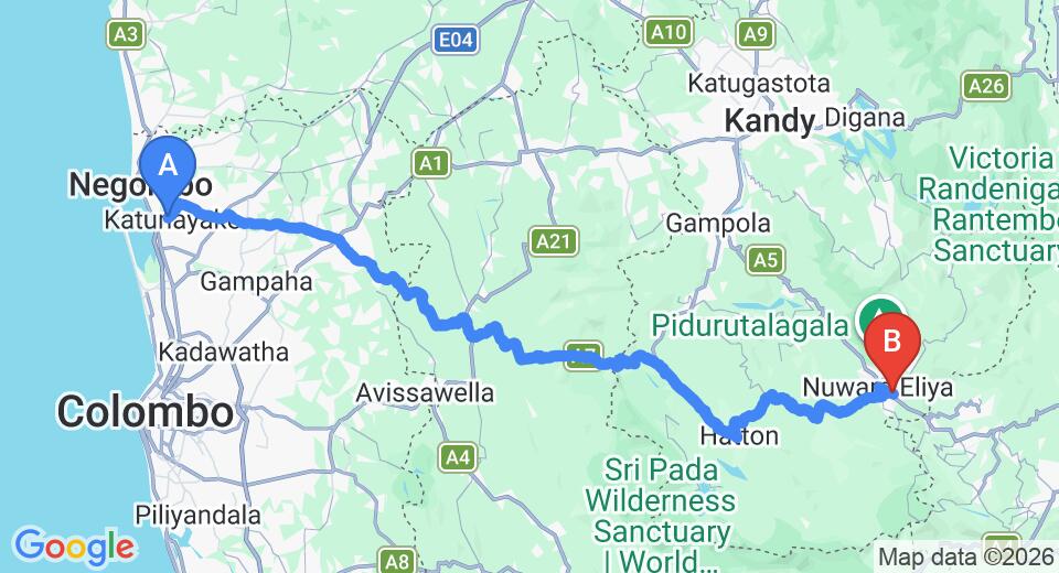 Driving route map: Colombo Airport (CMB) to American Star Hotel, Nuwara Eliya (155 km, approx 4 h 45 min private transfer)