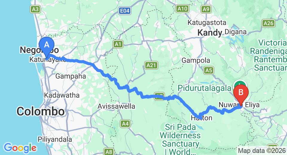 Driving route map: Colombo Airport (CMB) to Highland Breeze, Nuwara Eliya (154 km, approx 4 h 45 min private transfer)