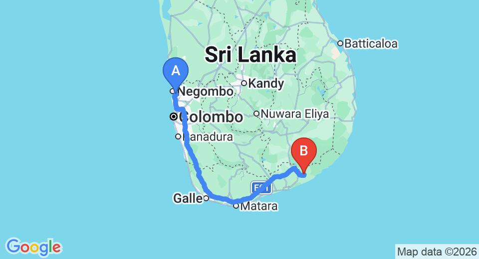 Driving route map: Colombo Airport (CMB) to Pala Hotel, Tissamaharama (280 km, approx 3 h 45 min private transfer)