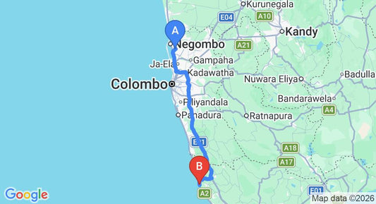 Driving route map: Colombo Airport (CMB) to Casananda Villa, Ambalangoda (132 km, approx 2 h 2 min private transfer)