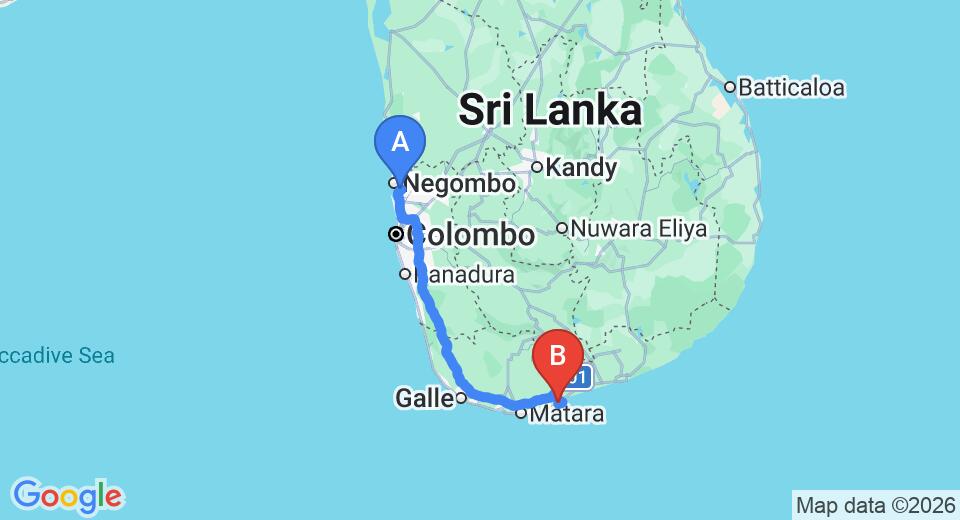 Driving route map: Colombo Airport (CMB) to Last House, Tangalle (215 km, approx 2 h 58 min private transfer)