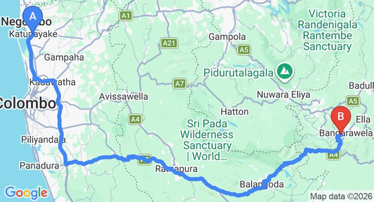 Driving route map: Colombo Airport (CMB) to Cranford Villa, Bandarawela (218 km, approx 5 h 19 min private transfer)