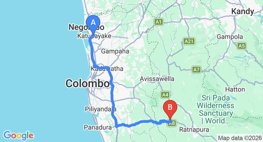 Driving route map: Colombo Airport (CMB) to Kiriella (102 km, approx 2 h 4 min private transfer)
