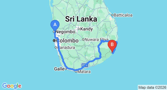 Driving route map: Colombo Airport (CMB) to Kumana (467 km, approx 8 h 12 min private transfer)