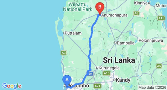 Driving route map: Colombo Airport (CMB) to Mahanela Resort, Anuradhapura (174 km, approx 3 h 45 min private transfer)