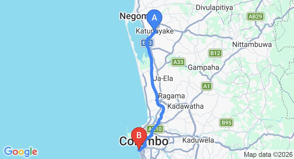 Driving route map: Colombo Airport (CMB) to Colombo Hut, Colombo (36 km, approx 51 min private transfer)