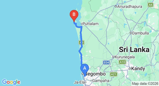 Driving route map: Colombo Airport (CMB) to Khomba House, Kalpitiya (120 km, approx 2 h 56 min private transfer)