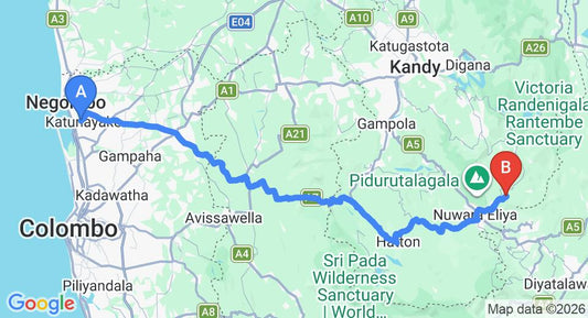 Driving route map: Colombo Airport (CMB) to Goatfell, Nuwara Eliya (166 km, approx 5 h 15 min private transfer)