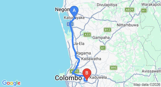 Driving route map: Colombo Airport (CMB) to Nensha Inn, Colombo (38 km, approx 51 min private transfer)