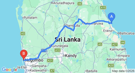 Driving route map: Pasikuda to Negombo (268 km, approx 5 h 27 min private transfer)