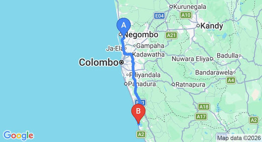 Driving route map: Colombo Airport (CMB) to Riu Sri Lanka All Inclusive, Ahungalla (122 km, approx 2 h 0 min private transfer)