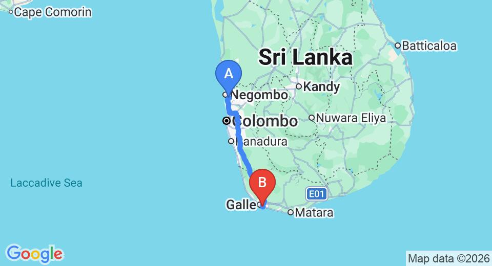 Driving route map: Colombo Airport (CMB) to Thambapanni Retreat, Unawatuna (153 km, approx 2 h 12 min private transfer)
