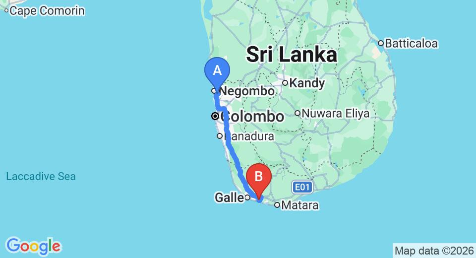 Driving route map: Colombo Airport (CMB) to Siyambala House, Koggala (164 km, approx 2 h 20 min private transfer)