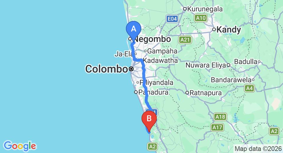 Driving route map: Colombo Airport (CMB) to Ayurveda CeylonStar, Kosgoda (118 km, approx 1 h 54 min private transfer)