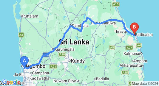 Driving route map: Colombo Airport (CMB) to Hotel Bridge View, Batticaloa (294 km, approx 6 h 9 min private transfer)