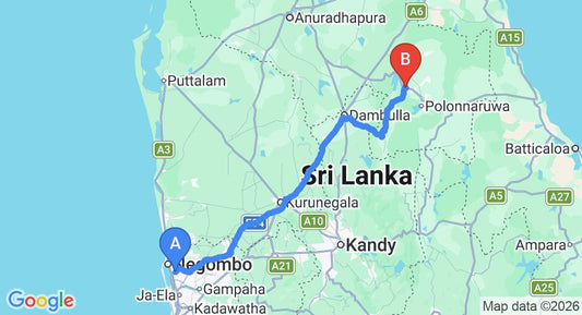 Driving route map: Colombo Airport (CMB) to Wood Side Tour Inn, Giritale (184 km, approx 3 h 47 min private transfer)